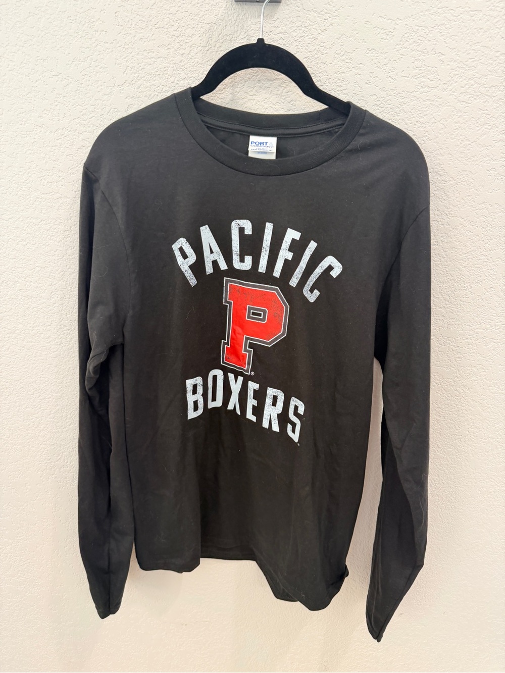 Pacific University Boxers Black Long Sleeve Tee with Red 'P' Graphic NWOT